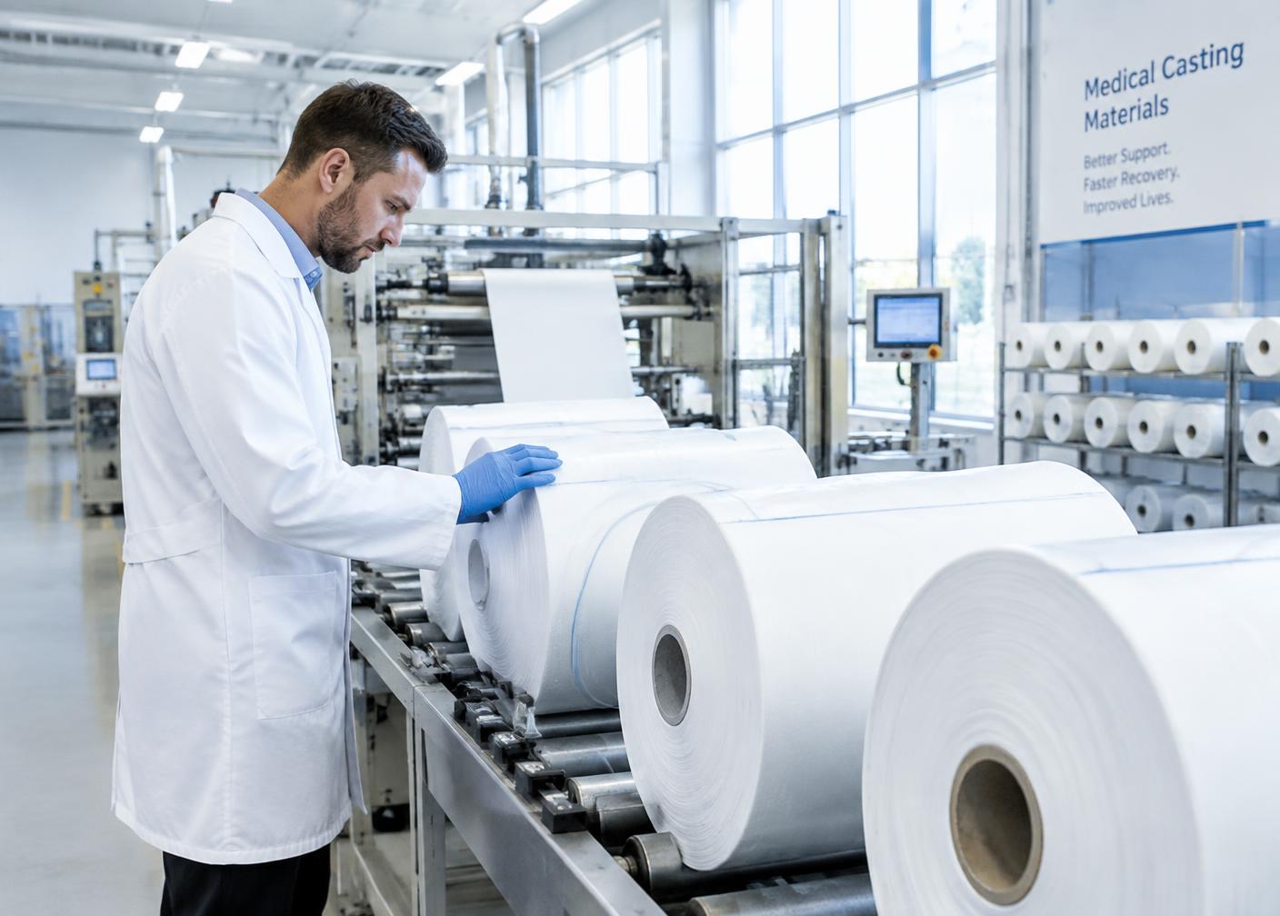 Casting material rolls being inspected on a production line