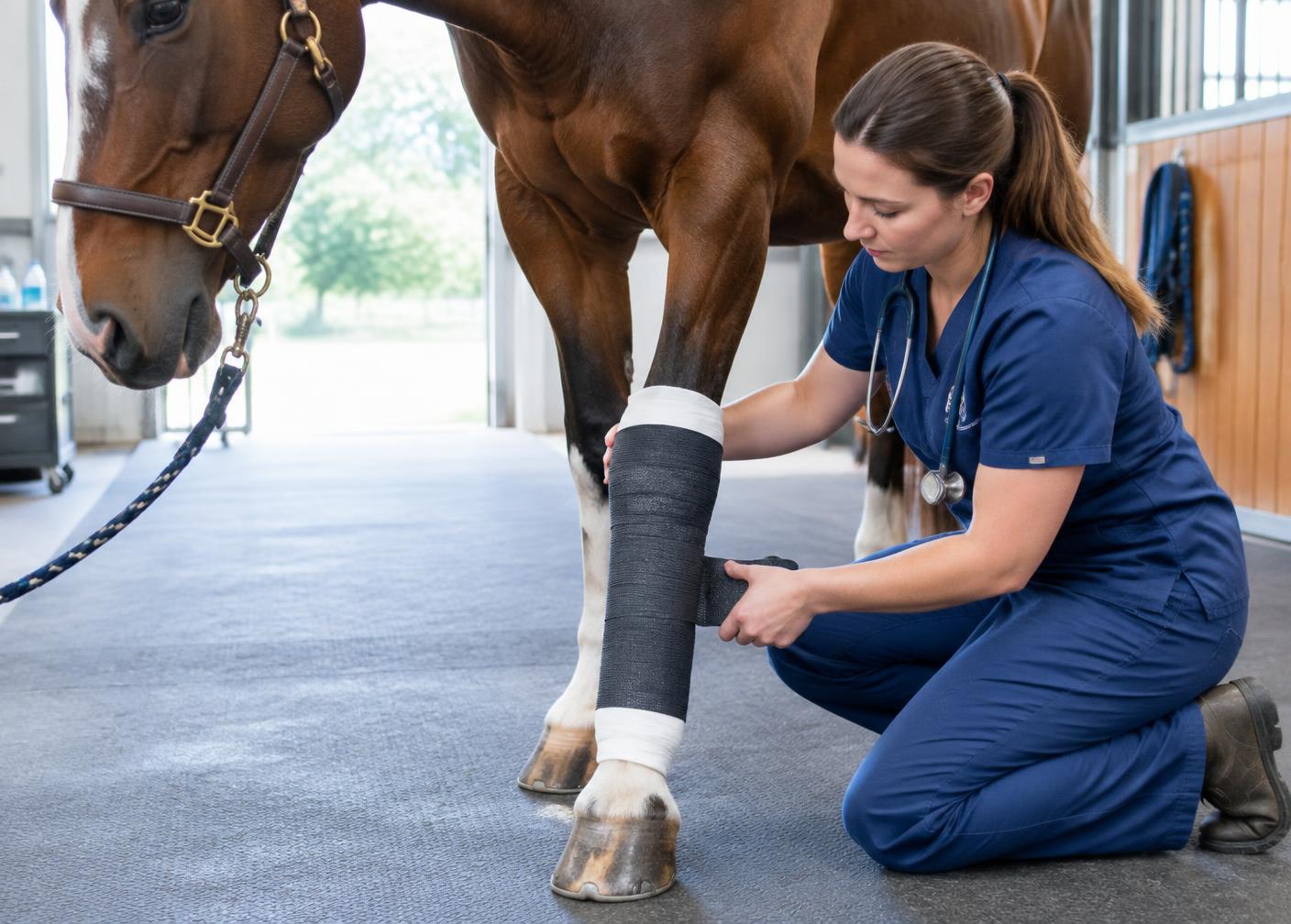 Veterinary professional applying a support wrap to a horse's leg