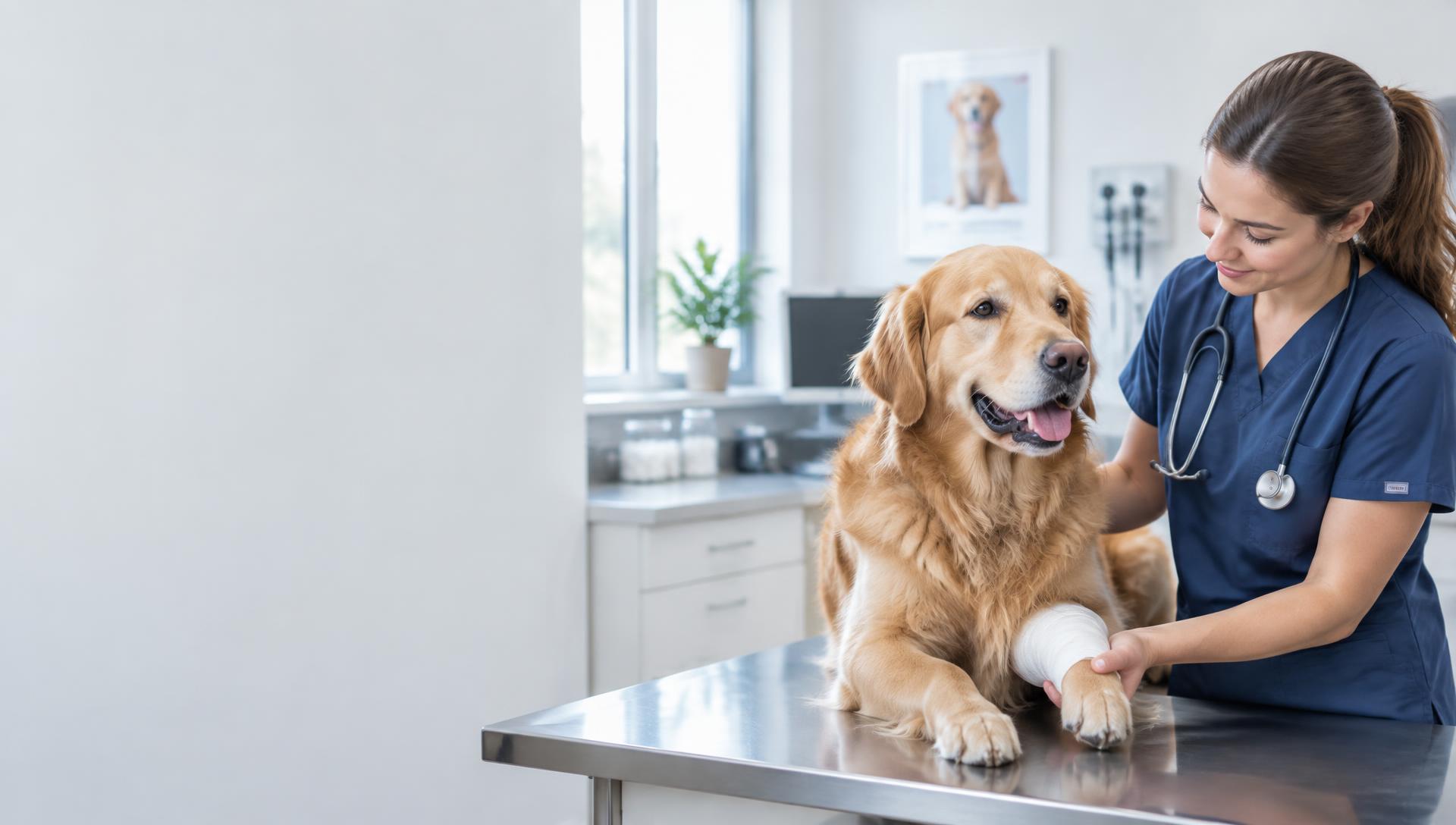 Veterinary professional supporting a dog's bandaged foreleg in a clinic
