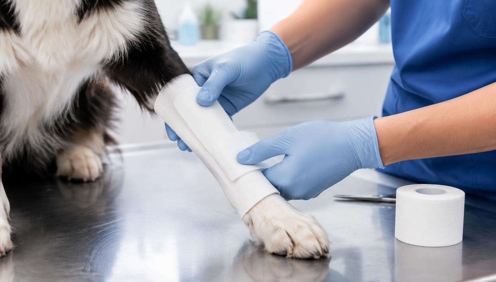 Splinting material being applied to a dog's leg